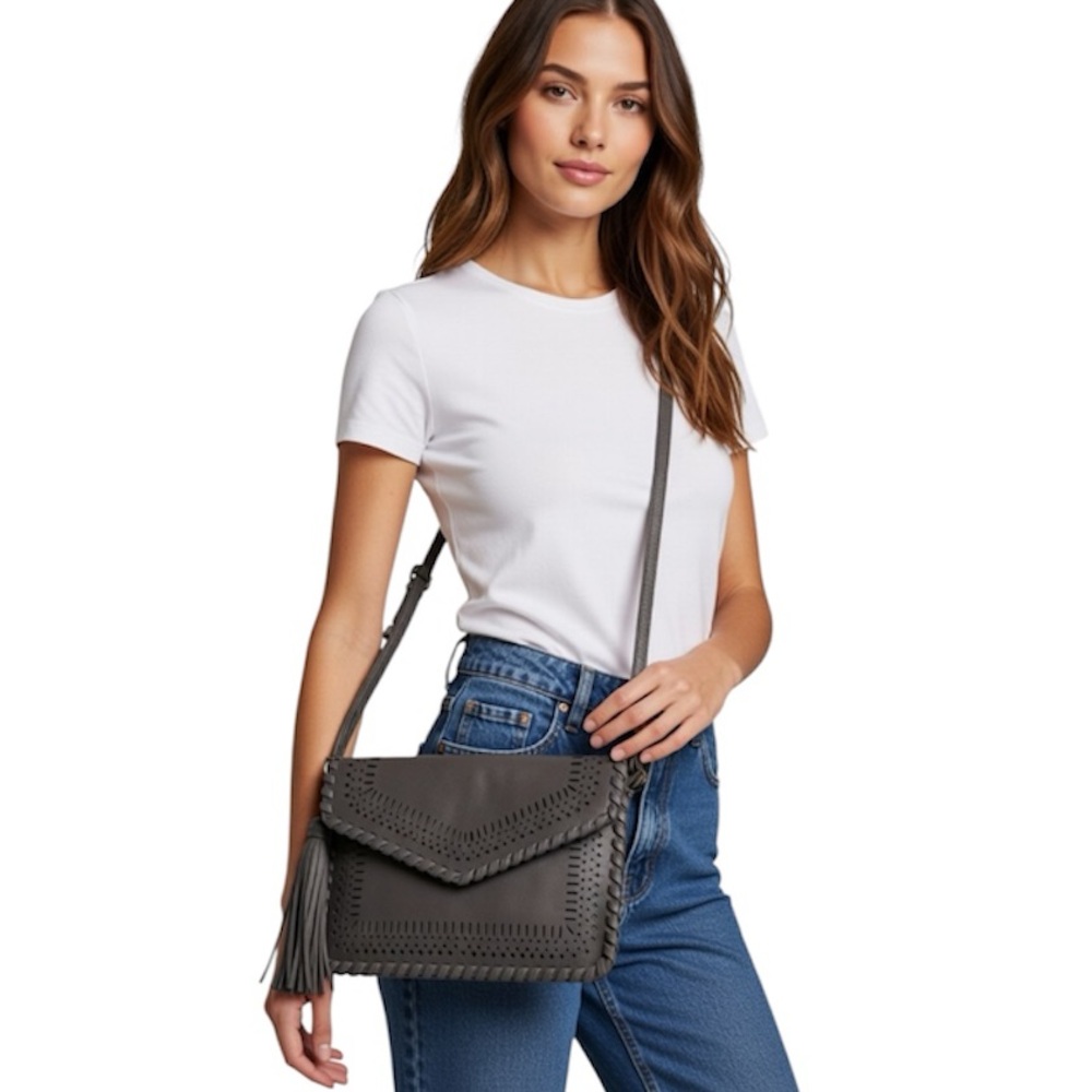 Faux Leather Charcoal Western Style Perforated Crossbody/Clutch Bag
